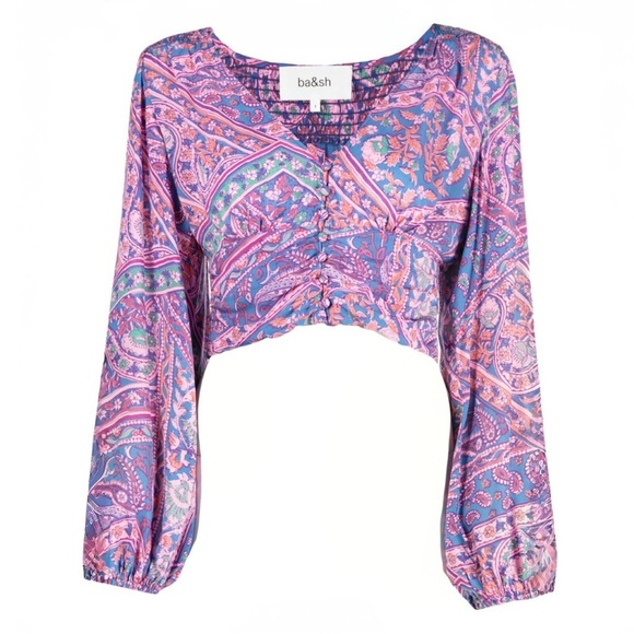 ba&sh NWT Finka Long-Sleeve Floral Paisley Puff Sleeve Crop Top Purple Pink XS - Picture 2 of 15